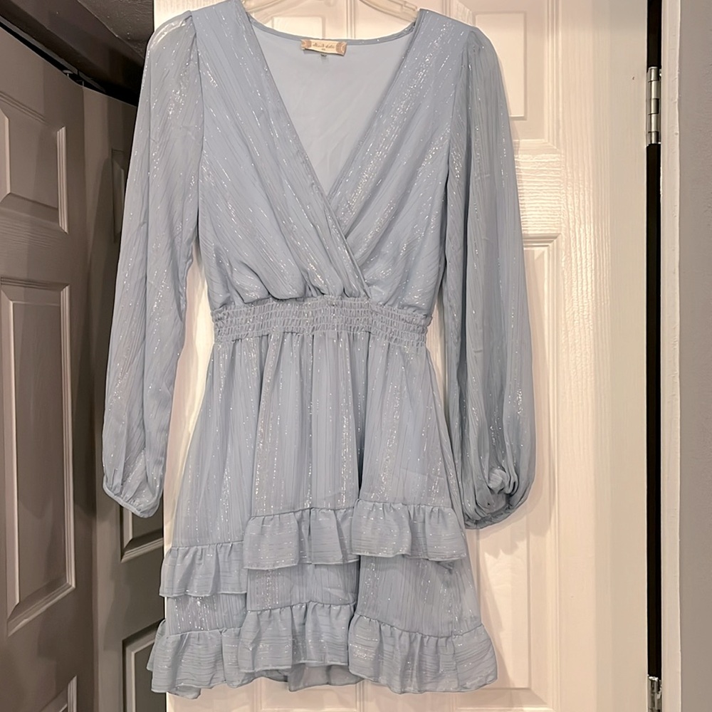 Altar’d State XS Blue Long Sleeve Dress with Silver thread throughout. Like New - Picture 15 of 16